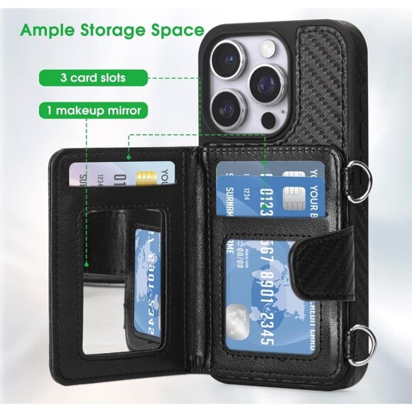 Arae for iPhone 15 Pro Wallet Case, PU Leather Flip Folio Case with Shoulder Str - Picture 2 of 7